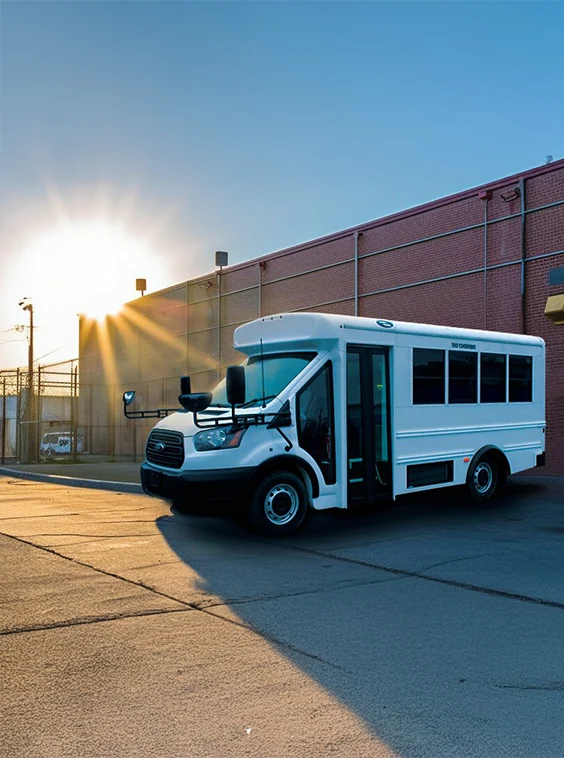 White shuttle bus parked next to a prison near Indianapolis